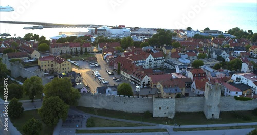 Aerial view over city of Visby during an summer sunset, Sweden