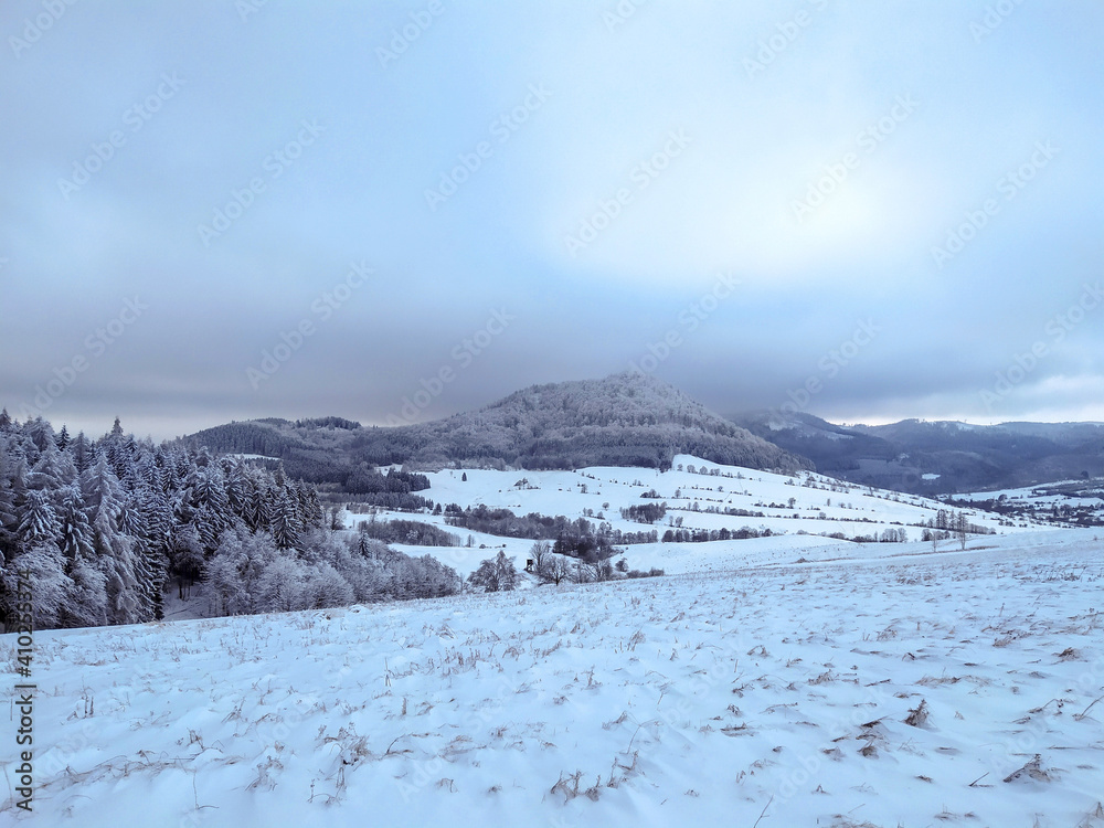 Winter landscape of polish Sowie gory. Beautiful mountain area in central Sudeten, Poland