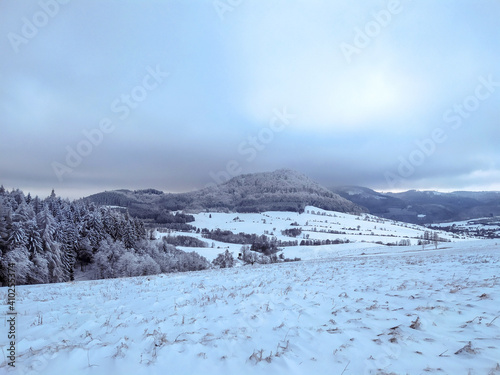 Winter landscape of polish Sowie gory. Beautiful mountain area in central Sudeten, Poland