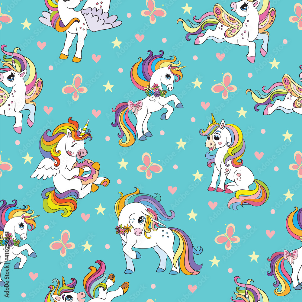 Seamless pattern cute unicorns with rainbow mane vector Seamless pattern cute unicorns with rainbow mane vector