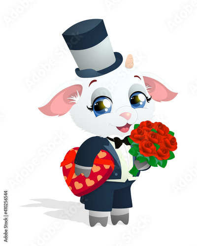 Vector illustration of baby boy goat in evening dress and tall top hat with bouquet of red roses and valentines day heart shaped box of candies isolated on white background