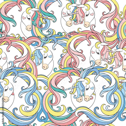 Seamless pattern with heads of unicorns with long mane vector