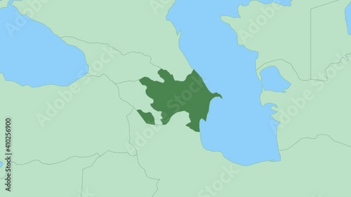 Map of Azerbaijan with pin of country capital. Azerbaijan Map with neighboring countries in green color.
