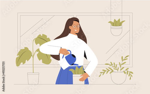 Young woman on the balcony is growing flowers or green plants in a pot. Female character holds a watering can and watering houseplants in pots or planters. Flat style vector illustration.