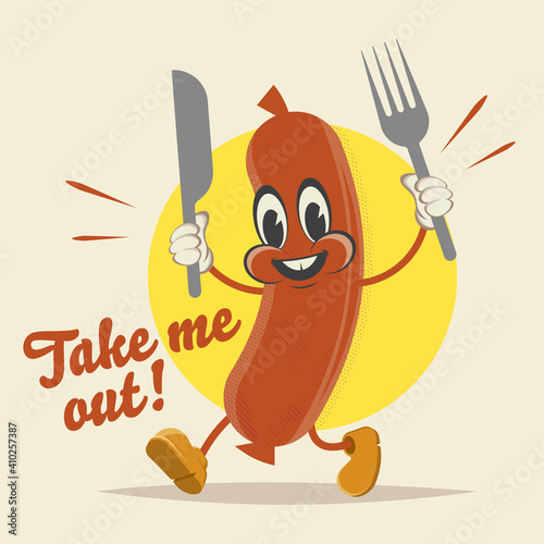 vintage cartoon illustration of a walking sausage