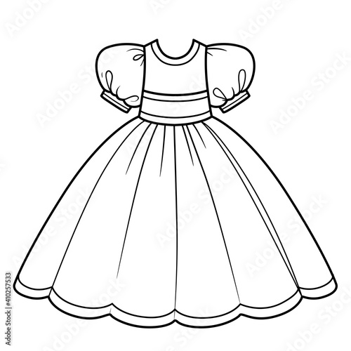 Ball gown with lush skirt outfit outline for coloring on a white background