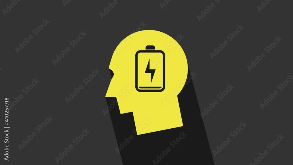 Yellow Male head with low battery icon isolated on grey background. Tired man. 4K Video motion graphic animation Yellow Male head with low battery icon isolated on grey background. Tired man. 4K Video motion graphic animation