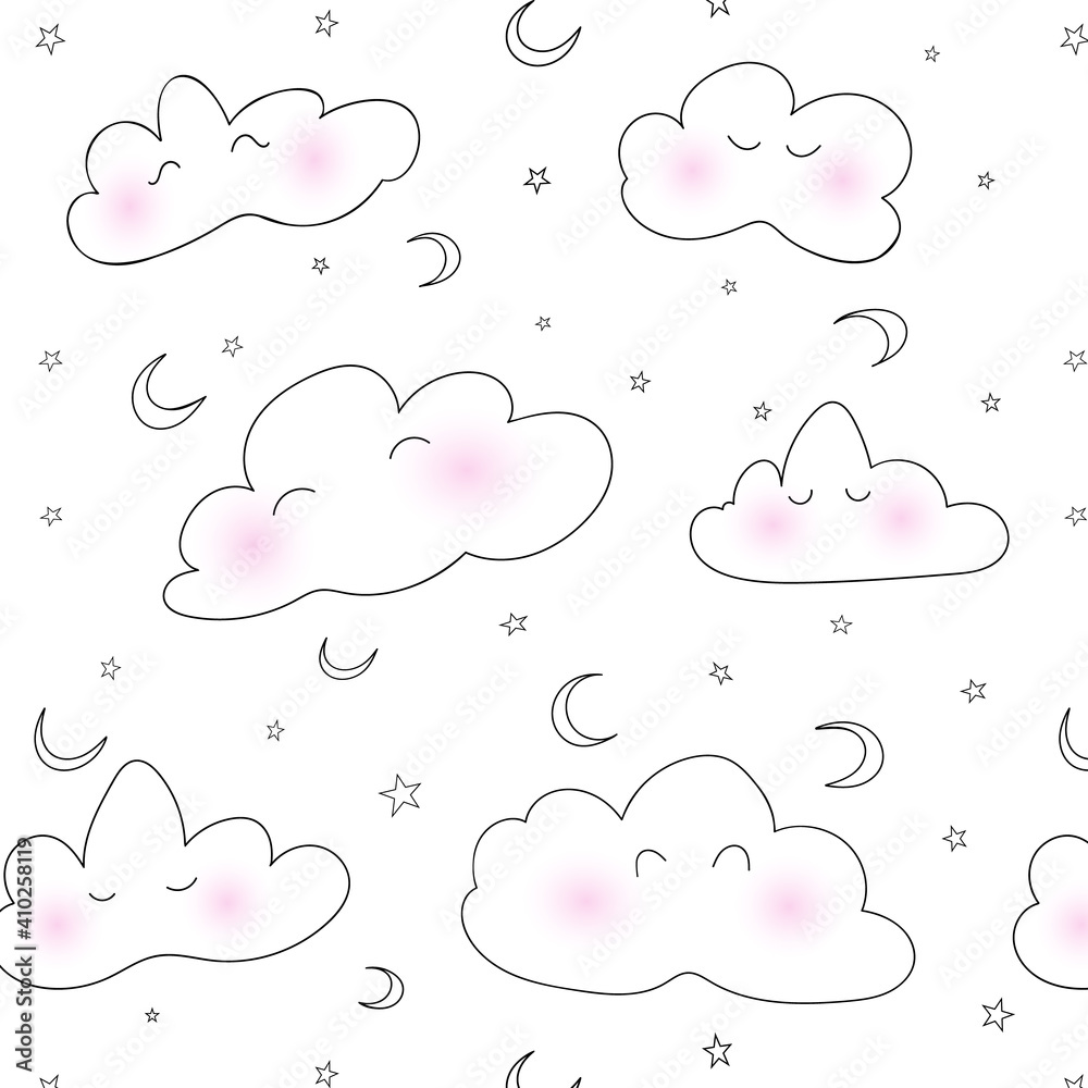 Cute clouds moon and stars. Vector seamless pattern. Hand drawing. Wallpaper, wrapping paper, textile print for babies.. Cute clouds moon and stars. Vector seamless pattern. Hand drawing. Wallpaper, wrapping paper, textile print for babies..
