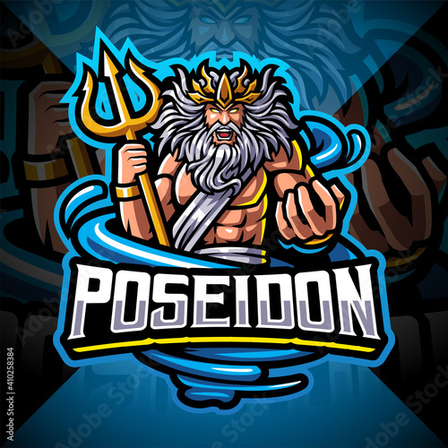 Poseidon esport mascot logo design with trident weapon