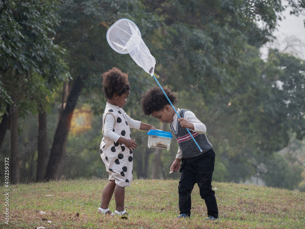 African American boys and girls catch insects in the forest on