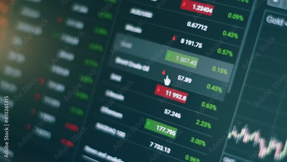 Stock market or stock exchange information with data of price, change, and volume. Financial indexes of stock companies change up and down over time market wall Stock market or stock exchange information with data of price, change, and volume. Financial indexes of stock companies change up and down over time market wall