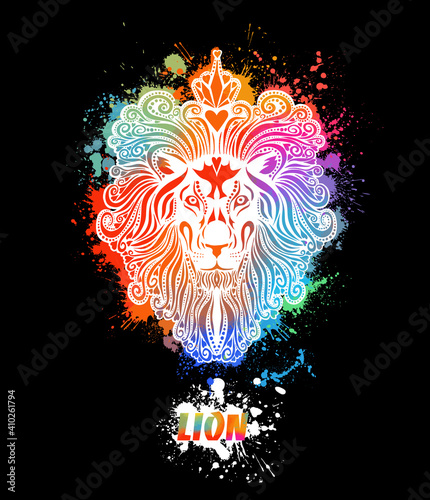The lion is multicolored from the blots. Lion head symbol logo. Mixed media. Vector illustration