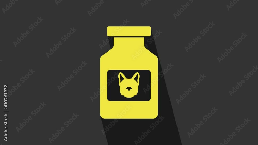 Yellow Dog medicine bottle icon isolated on grey background. Container with pills. Prescription medicine for animal. 4K Video motion graphic animation Yellow Dog medicine bottle icon isolated on grey background. Container with pills. Prescription medicine for animal. 4K Video motion graphic animation