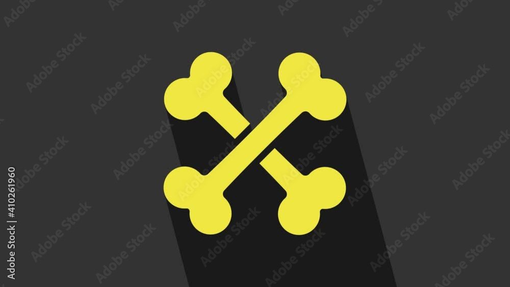 Yellow Crossed bones icon isolated on grey background. Pets food symbol. 4K Video motion graphic animation Yellow Crossed bones icon isolated on grey background. Pets food symbol. 4K Video motion graphic animation
