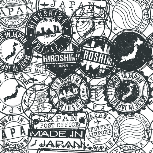 Hiroshima Japan Stamps Background. City Stamp Vector Art. Postal Passport Travel. Design Set Pattern.