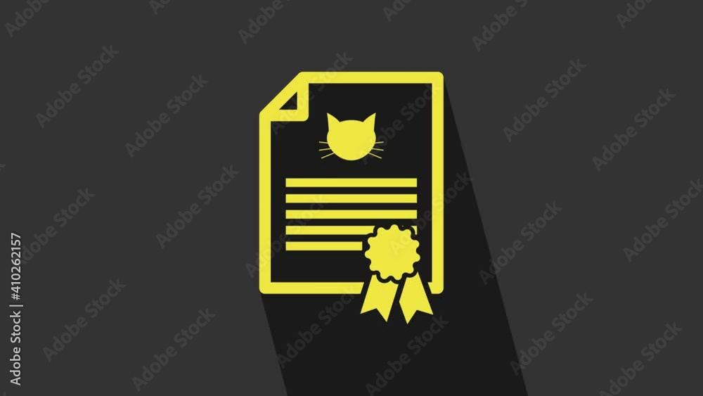Yellow Medical certificate for travel with dog or cat icon isolated on grey background. Document for pet. Dog or cat paw print. 4K Video motion graphic animation Yellow Medical certificate for travel with dog or cat icon isolated on grey background. Document for pet. Dog or cat paw print. 4K Video motion graphic animation