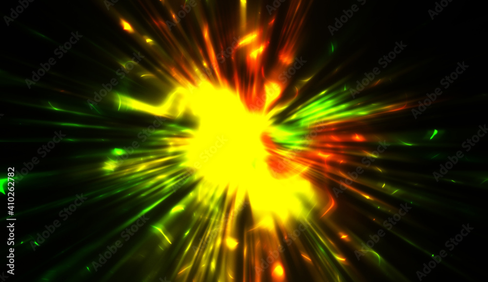 Light particles in motion, creating a burst of glowing multicolored rays on a black background. Energetic glow lights wallpaper. Light particles in motion, creating a burst of glowing multicolored rays on a black background. Energetic glow lights wallpaper.