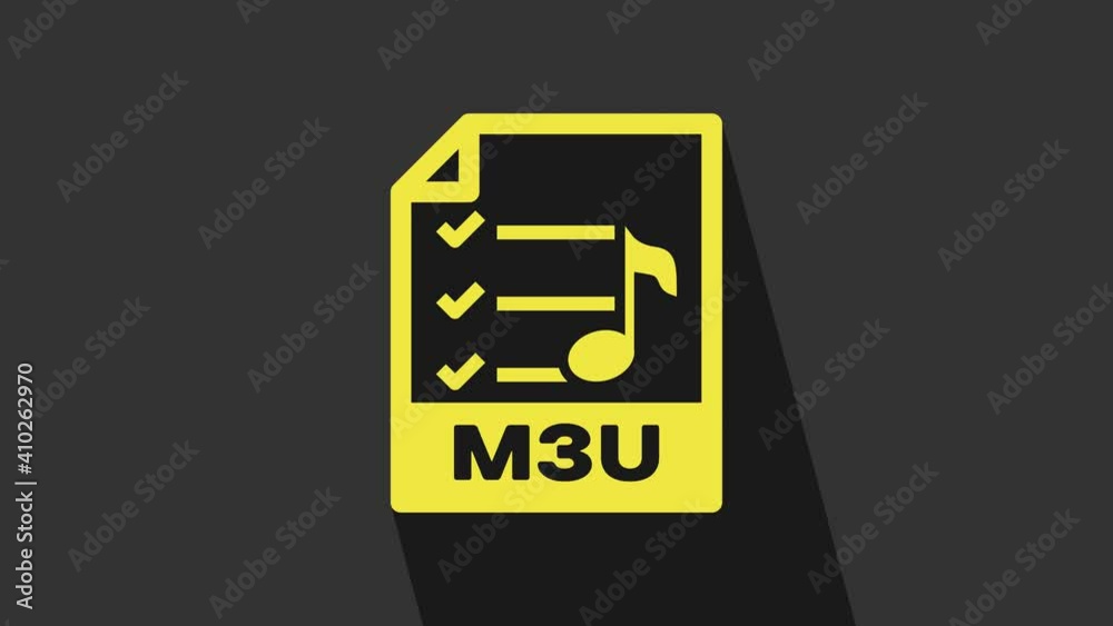Yellow M3U file document. Download m3u button icon isolated on grey background. M3U file symbol. 4K Video motion graphic animation Yellow M3U file document. Download m3u button icon isolated on grey background. M3U file symbol. 4K Video motion graphic animation