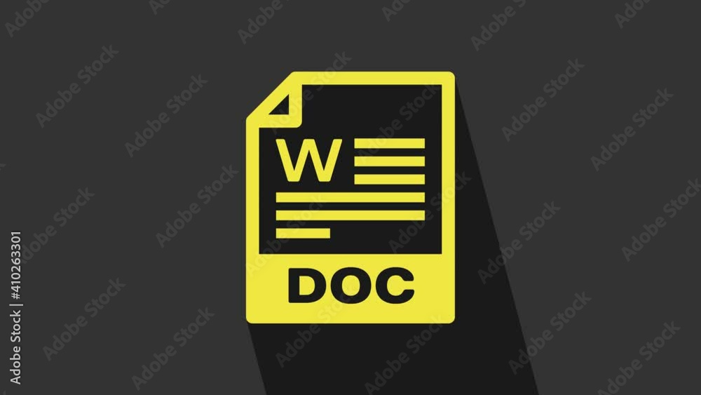 Yellow DOC file document. Download doc button icon isolated on grey background. DOC file extension symbol. 4K Video motion graphic animation