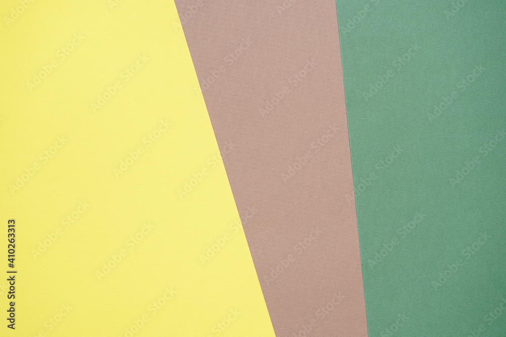 Brown, yellow, green, three tone color paper background with stripes. Abstract background modern hipster futuristic. Texture design