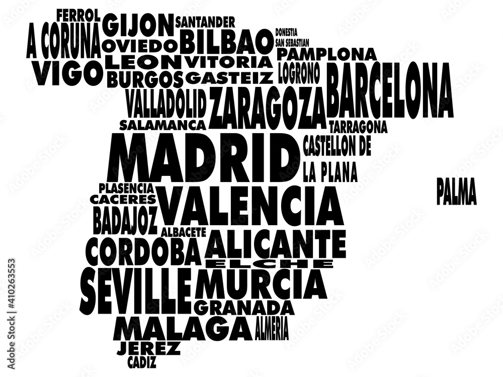 Spain map made of Spanish cities names