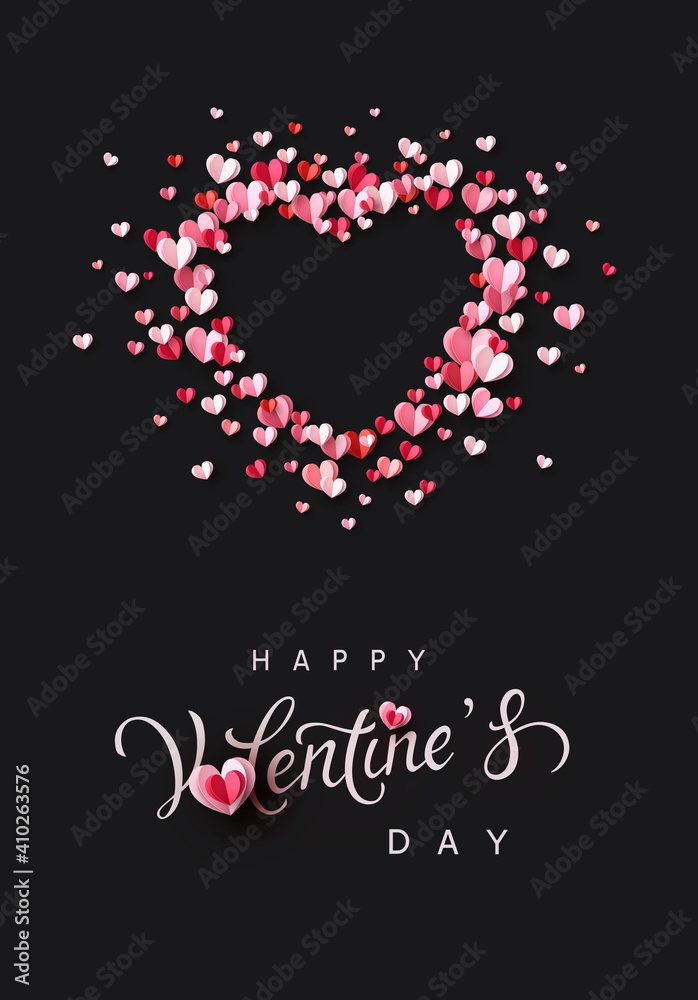 Valentine's Day greeting card with pink and red paper confetti hearts on black background. Vector symbols of love frame poster or romantic banner Valentine's Day greeting card with pink and red paper confetti hearts on black background. Vector symbols of love frame poster or romantic banner