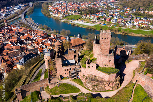 Germany, Baden-Wurttemberg, Wertheim am Main, Helicopter view of Wertheim Castle and surrounding town in summer photo