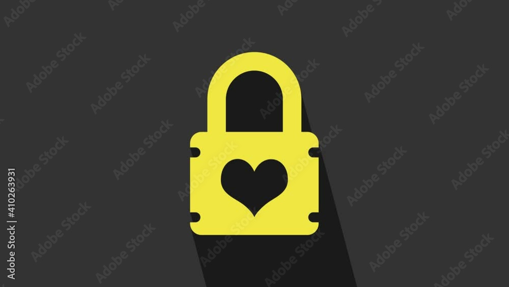 Yellow Padlock with heart icon isolated on grey background. Locked Heart. Love symbol and keyhole sign. 4K Video motion graphic animation