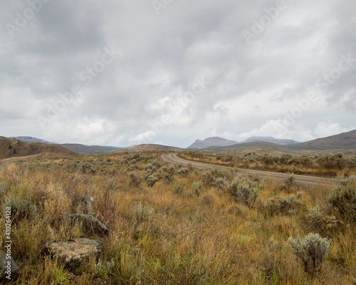 Landscape shot of grasslands with winding road