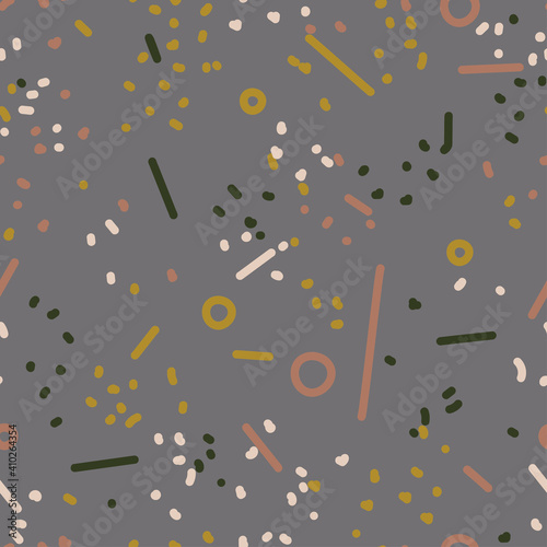Abstract pattern on a gray background. Sticks, dots, circles.