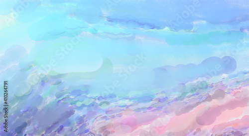 Watercolor abstract painting with pastel colors. Soft color painted illustration of calming composition for poster, wall art, banner, card, book cover or packaging. Modern brush strokes painting. © Hybrid Graphics
