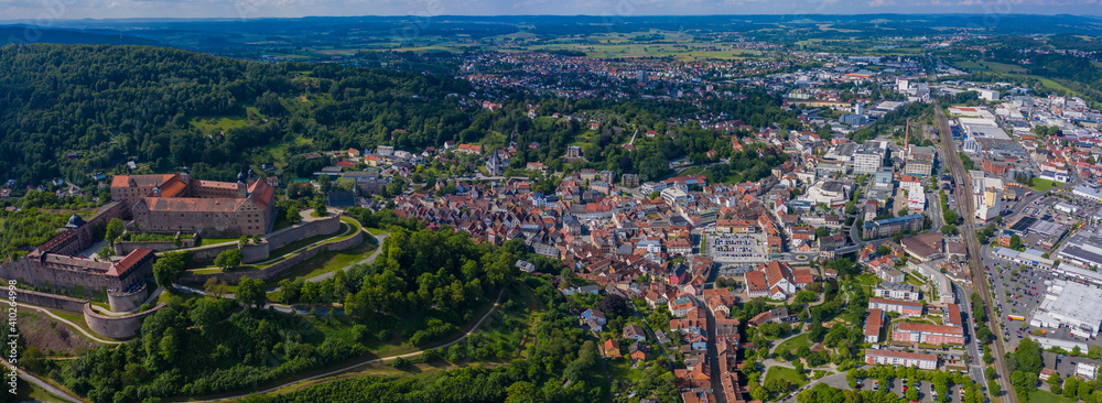 Aerial view of the old town of city Kulmbach in Germany on a sunny day in spring.	