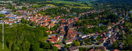 Aerial view of the old town and castle Thurnau in Germany on a sunny day in spring. 