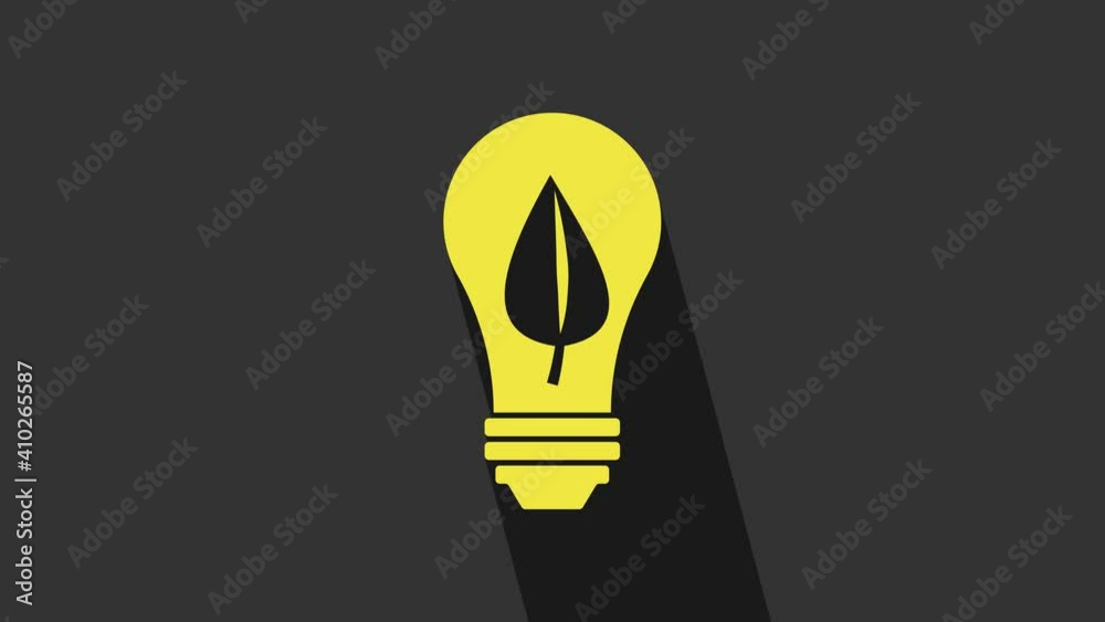 Yellow Light bulb with leaf icon isolated on grey background. Eco energy concept. Alternative energy concept. 4K Video motion graphic animation Yellow Light bulb with leaf icon isolated on grey background. Eco energy concept. Alternative energy concept. 4K Video motion graphic animation