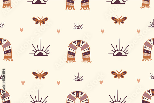 seamless pattern with rainbows and sun and eye, boho style night moth