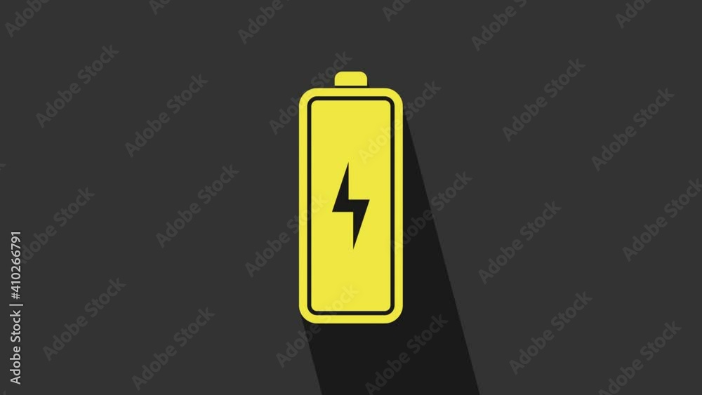 Yellow Battery icon isolated on grey background. Lightning bolt symbol. 4K Video motion graphic animation Yellow Battery icon isolated on grey background. Lightning bolt symbol. 4K Video motion graphic animation