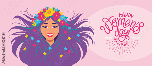 Beautiful banner for international women s day with lettering  a woman s portrait with a wreath on her head and flying hair. Vector illustration  postcard  flyer  invitation  sale coupon