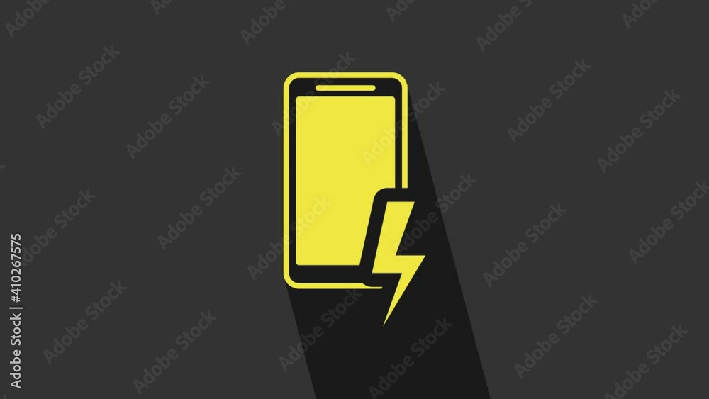 Yellow Smartphone charging battery icon isolated on grey background. Phone with a low battery charge. 4K Video motion graphic animation Yellow Smartphone charging battery icon isolated on grey background. Phone with a low battery charge. 4K Video motion graphic animation