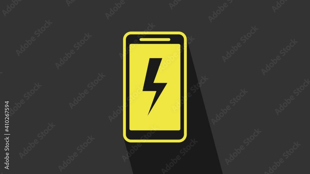 Yellow Smartphone charging battery icon isolated on grey background. Phone with a low battery charge. 4K Video motion graphic animation Yellow Smartphone charging battery icon isolated on grey background. Phone with a low battery charge. 4K Video motion graphic animation