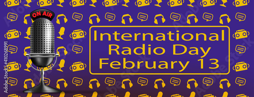poster on International Radio Day February 13 in gold in a rectangle with a big black microphone on a gradient purple blue background with headphones, radio in gold color