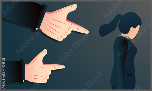 concept of accusation guilty businesswoman person, side profile sad upside woman looking down many fingers pointing at her isolated gray office background