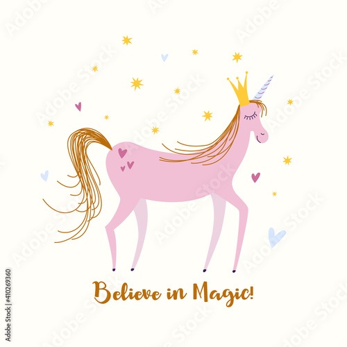 Cute pink unicorn with orange mane. Princess. Children s illustration.