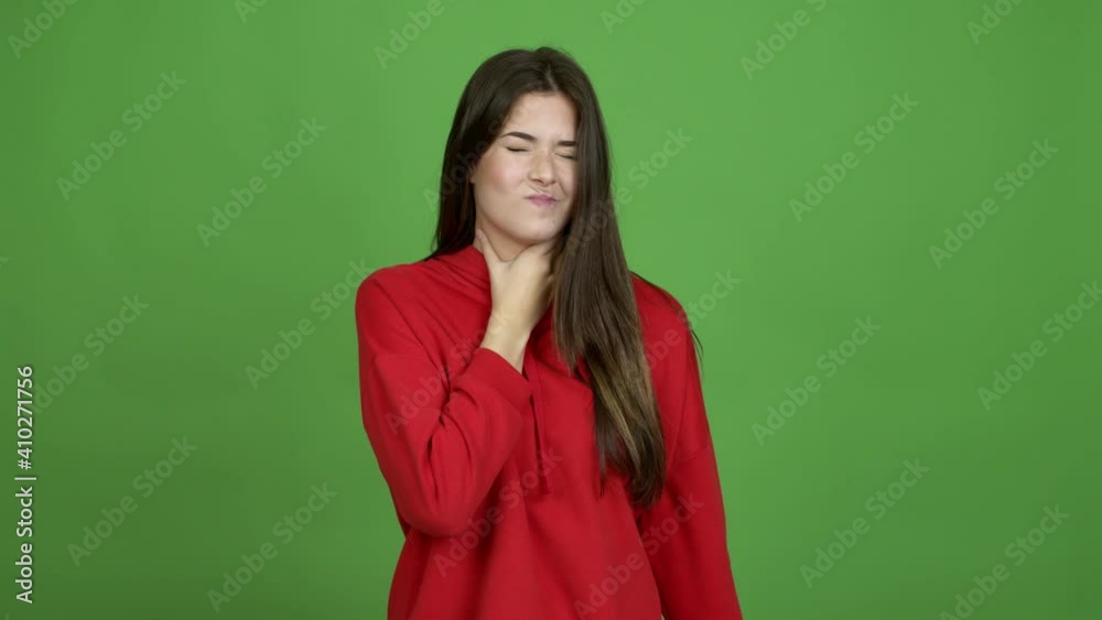 Teenager Brazilian girl with sore throat over isolated background. Green screen chroma key video Teenager Brazilian girl with sore throat over isolated background. Green screen chroma key video