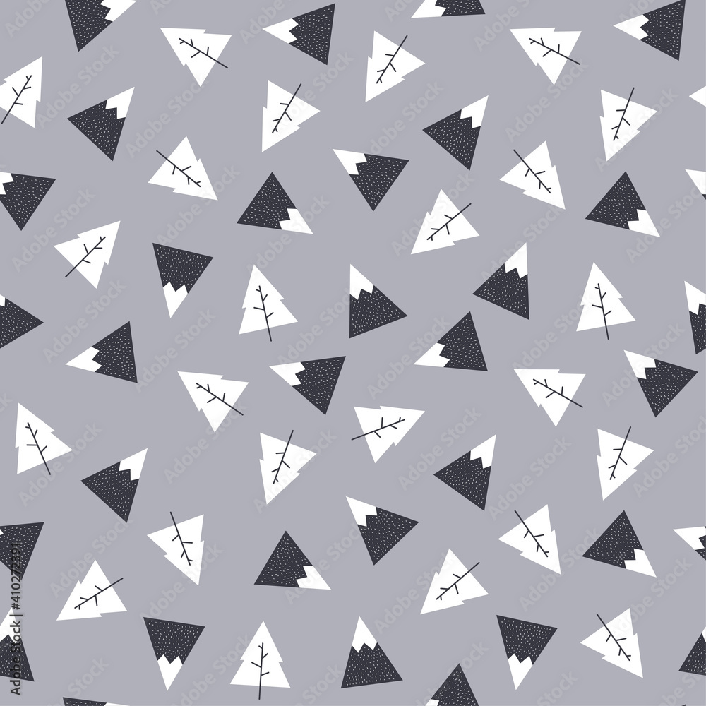 Vector seamless pattern with landscape scene. Repeated texture with mountains and pine trees.
Simple hand drawing template for kids fabrics and wallpapers. Scandinavian style.