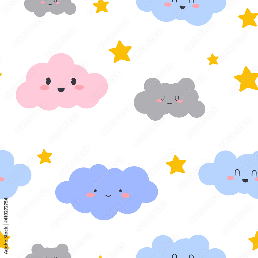 Seamless clouds smiling face pattern.  Vector design for paper, cover, wallpaper, 
fabric, textile, interior decor and other project.
