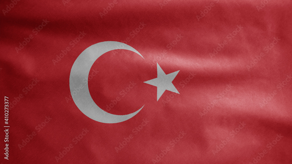 Turkish flag waving in the wind. Close up of Turkey banner blowing, soft silk.