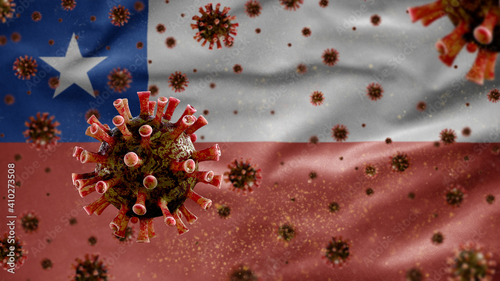 Chilean flag waving with Coronavirus outbreak. Pandemic Covid 19 virus Chile