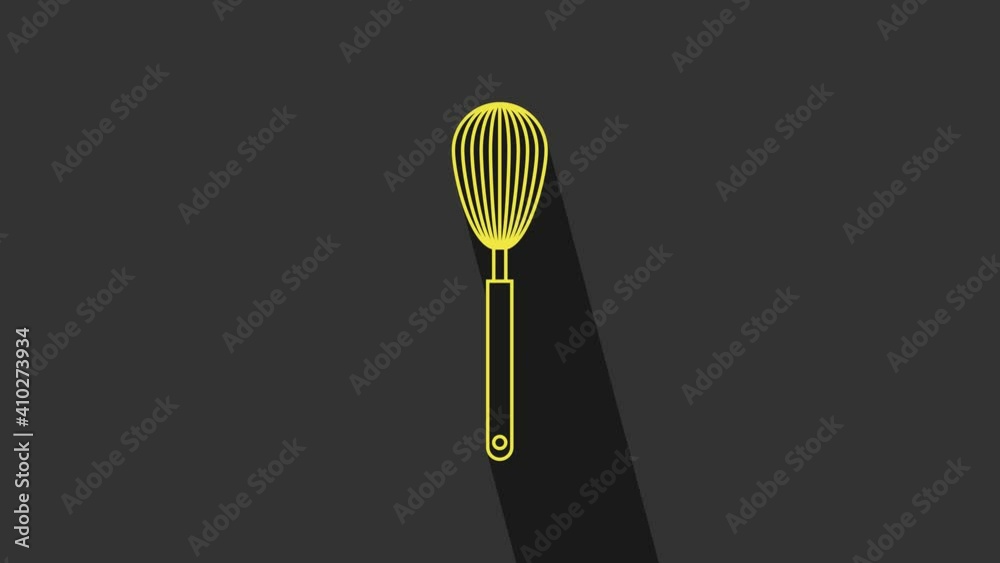 Yellow Kitchen whisk icon isolated on grey background. Cooking utensil, egg beater. Cutlery sign. Food mix symbol. 4K Video motion graphic animation Yellow Kitchen whisk icon isolated on grey background. Cooking utensil, egg beater. Cutlery sign. Food mix symbol. 4K Video motion graphic animation