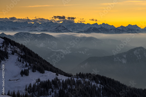Pre alps mountains at sunset panoramic view germany nature landscapes.