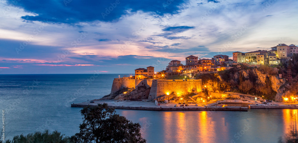 Ulcinj montenegro old town at night skyline view sea.